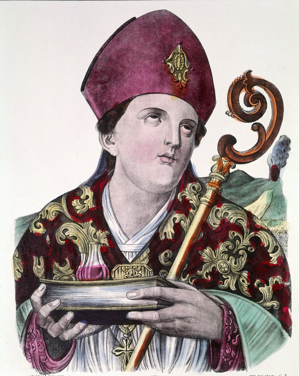 Heiliger Januarius, Schutzpatron der Stadt Neapel, hält die Ampulle mit seinem Blut in den Händen. Farbiger Volksdruck aus dem 19. Jahrhundert von Unknown artist