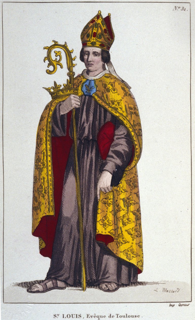 Heiliger Ludwig von Toulouse oder Heiliger Ludwig von Anjou. Großneffe von Ludwig dem Heiligen (1274 bis 1297), Bischof von Toulouse. Gravur von 1830 von Unknown artist