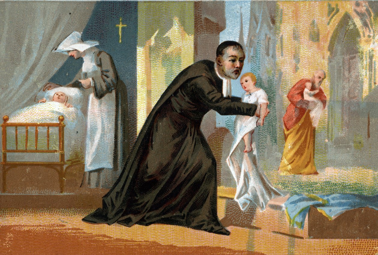 Heiliger Vinzenz von Paul (1576-1660), bekannt für seine Wohltätigkeit, Schöpfer des Krankenhauses für Findelkinder. Chromolithografie des 19. Jahrhunderts von Unknown artist