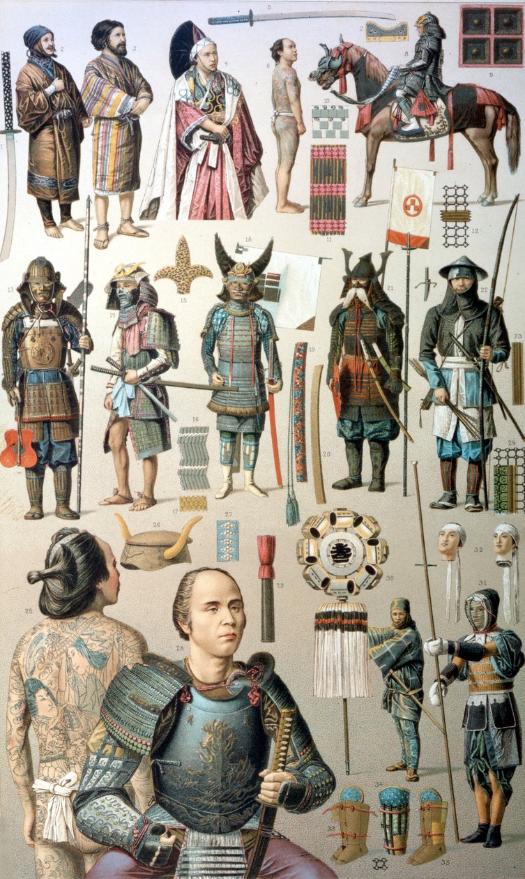 Samurai-Kostüme, Waffen und Rüstungen. 19. Jahrhundert von Unknown artist