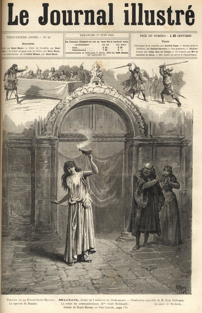 Sarah Bernhardt: Lady Macbeth in „Macbeth“, Drama von Shakespeare, adaptiert von Jean Richepin - Théâtre de la Porte Saint-Martin - Gravur in „Le Journal Illustré“ von 1884 von Unknown artist