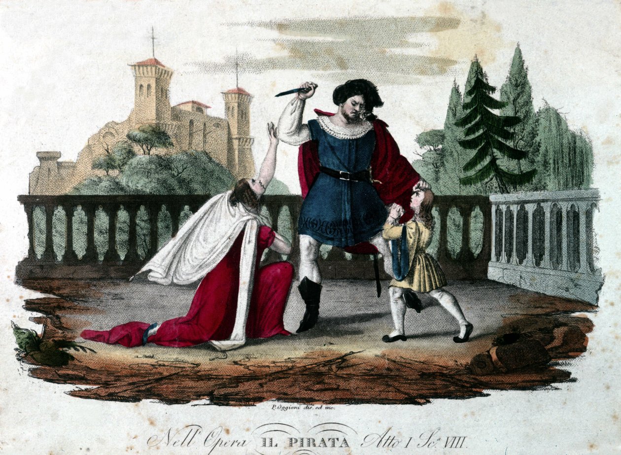 Szene 8 des fünften Akts von „Il pirata“ (Der Pirat) von Vincenzo Bellini. Farbige Gravur von 1827. Erste Aufführung im Teatro alla Scala. von Unknown artist