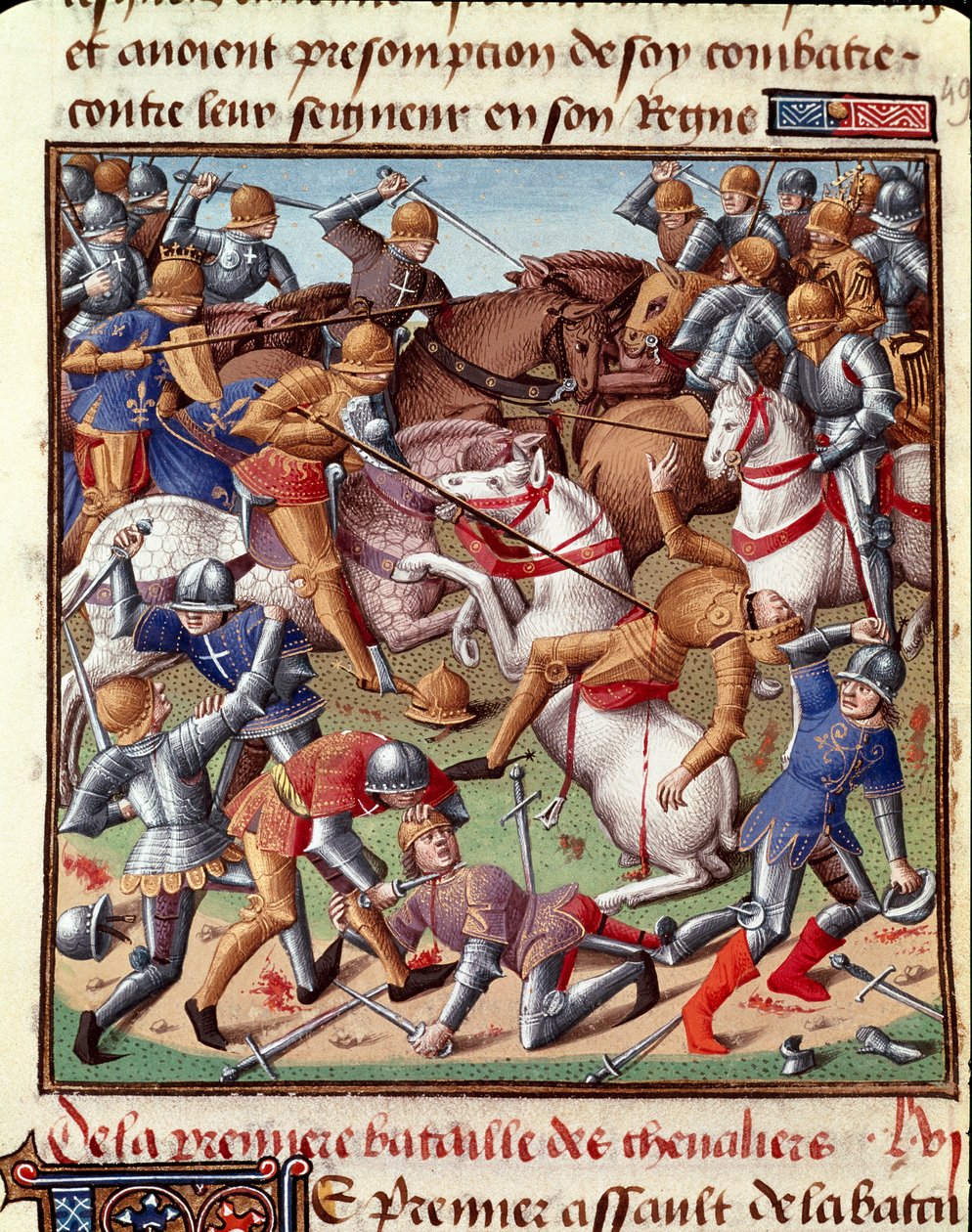 Kampfszene. Miniatur in „Le miroir historial“ (Speculum Historiale) (ms. 1196 fol. 408 r.) von Vincent de Beauvais (1190-1264), ins Französische übersetzt von Jean de Vignay von Unknown artist