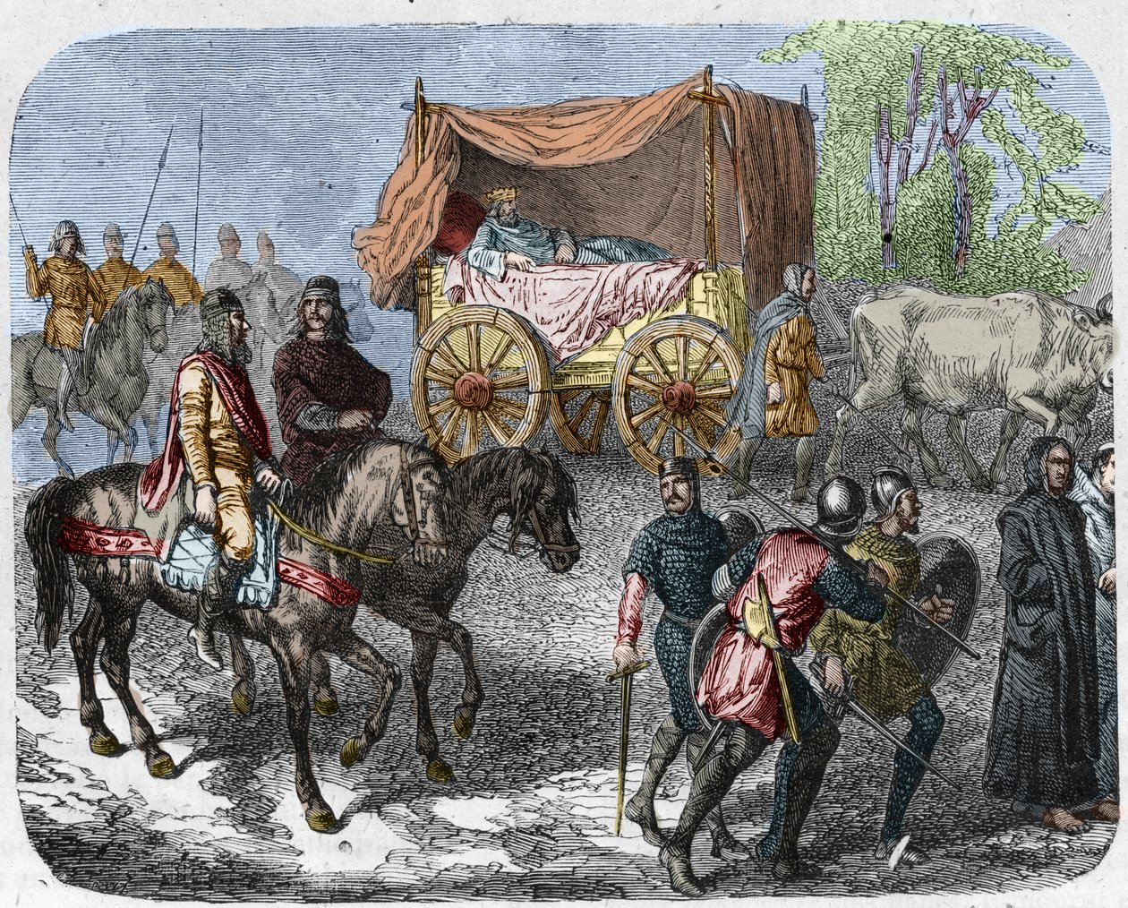 Szene, die die faulen Könige darstellt: König von Frankreich Thierry III (673-691) wird in einem Tank mit einem von Ochsen gezogenen Bett transportiert. von Unknown artist