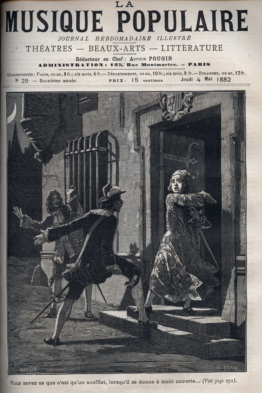 Szene aus „Der Sizilianer oder die Liebe des Malers“, Komödie von Molière (1622-1673). Hali, der Narr von Araste, lenkt die Aufmerksamkeit von Don Pedre, dem Eifersüchtigen, ab, um den Liebenden Araste und Isidore ein Treffen zu ermöglichen. (Akt I, Szene  von Unknown artist
