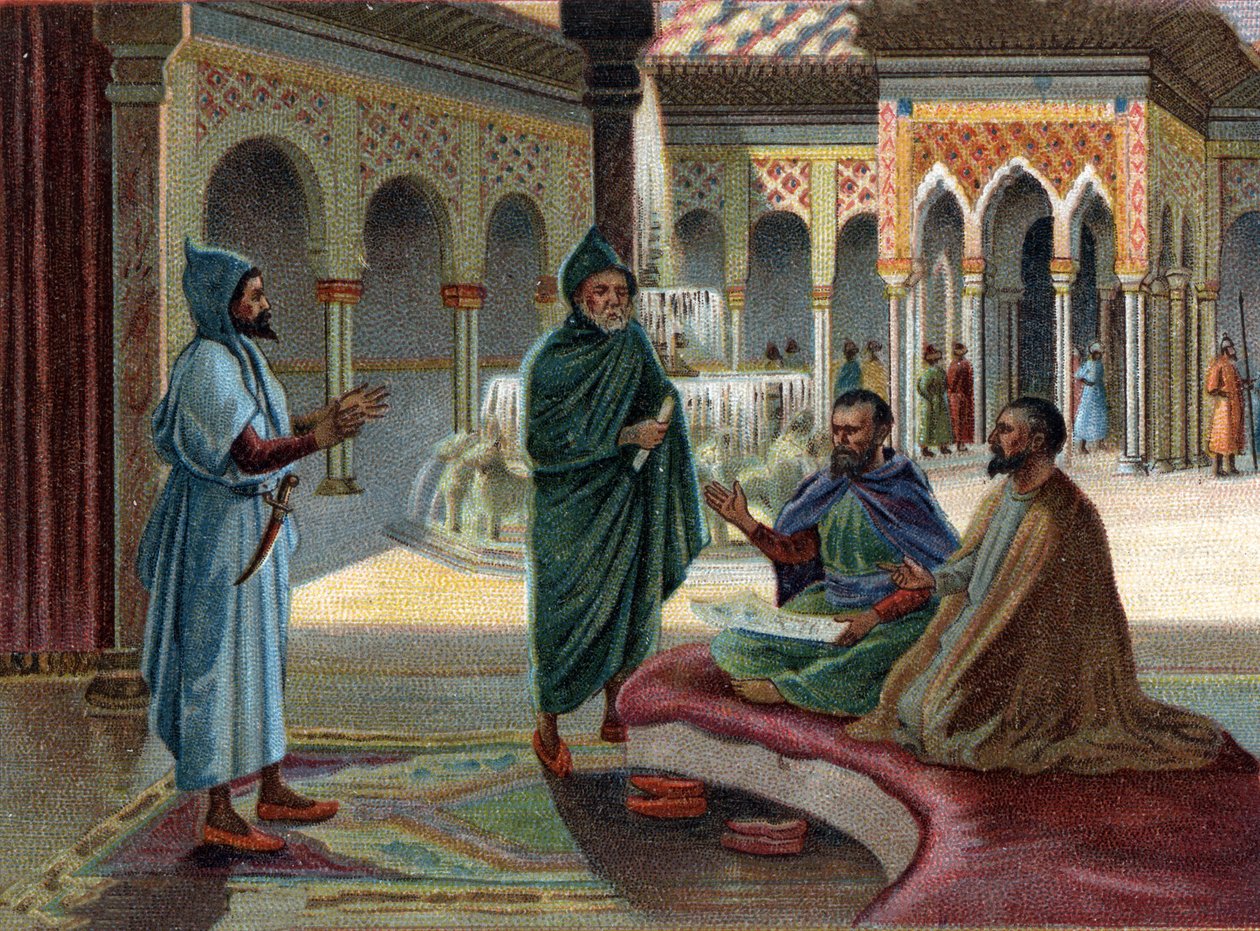 Szenen aus verschwundenen Königreichen: Maurischer Rat (Mauren, Name für Araber, die einen Teil Spaniens besetzten) im Alhambra-Palast in Granada. Granada ist der letzte maurische Staat, der 1482 endete. Chromolithographie des 19. Jahrhunderts von Unknown artist