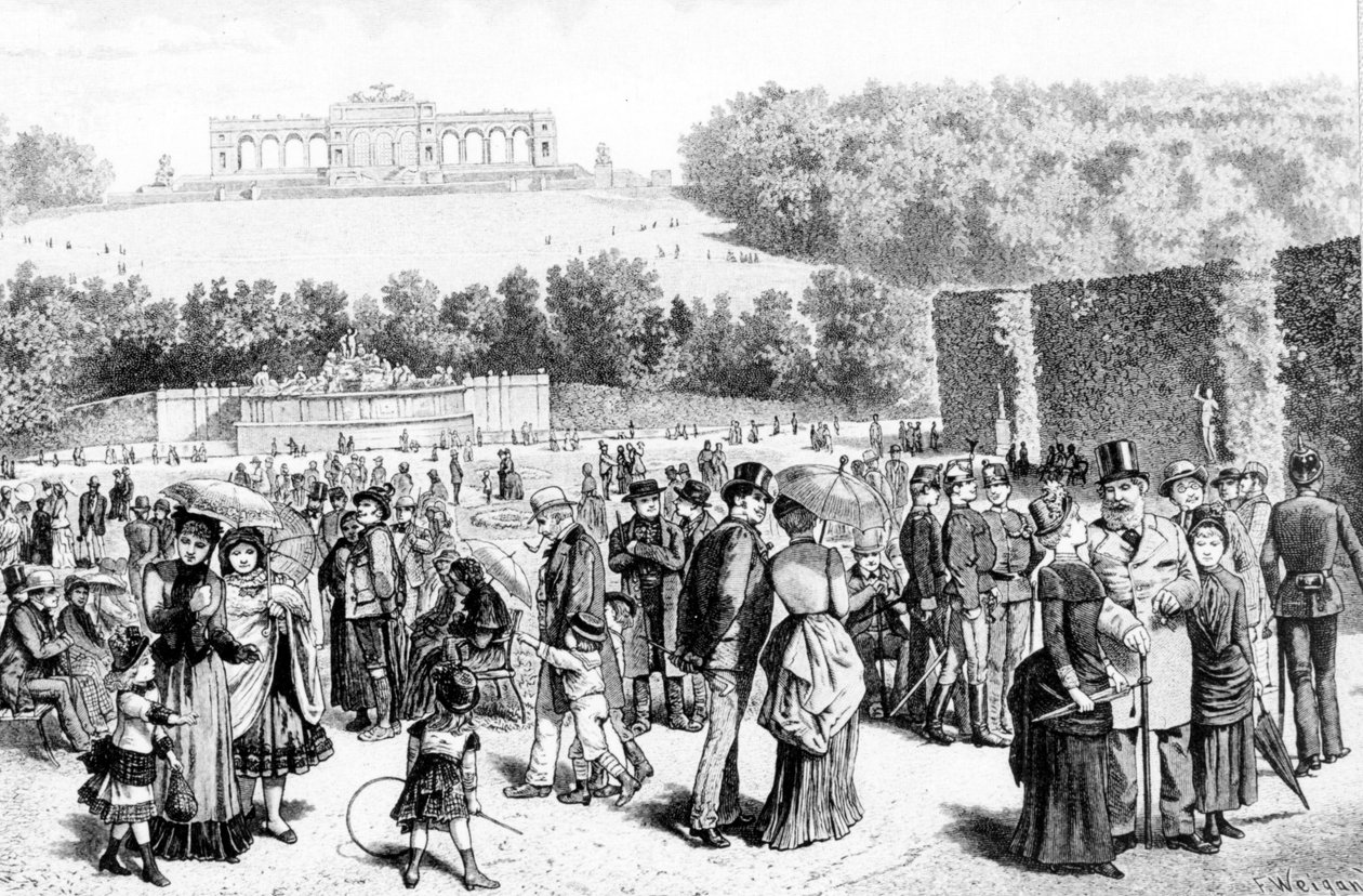 Schönbrunn Park, ein Komplex aus Palästen und Gärten in der Nähe von Wien, war seit dem 18. Jahrhundert die Sommerresidenz der Habsburger Familie. Lithographie aus dem 19. Jahrhundert. von Unknown artist
