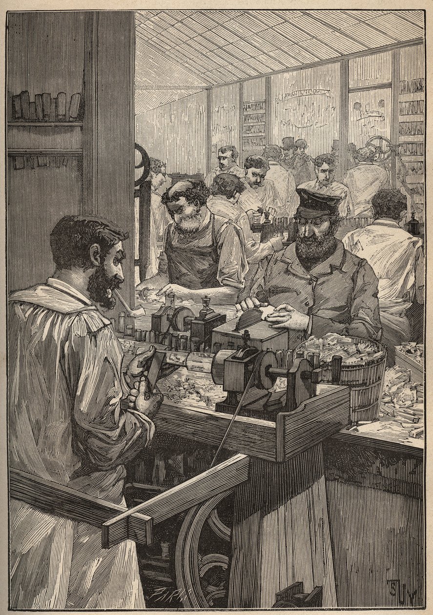 Meerschaum: Herstellung von Meerschaumpfeifen. Gravur von 1885 in „Les arts et métiers illustrés“ von Adolphe Bitard. von Unknown artist