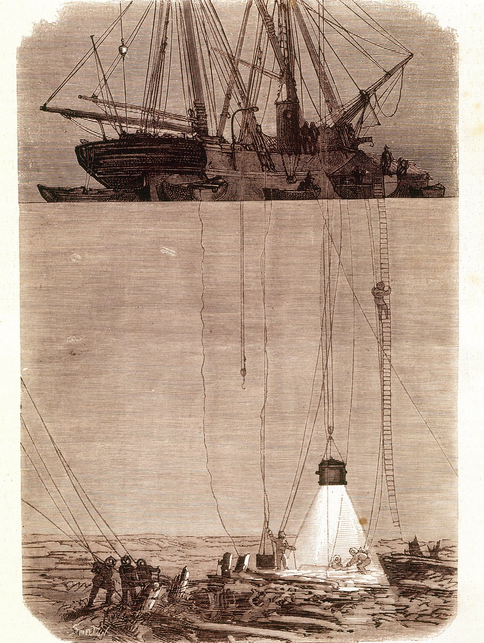 Suche nach gesunkenen spanischen Galeonen in der Bucht von Vigo im Jahr 1702. Seite aus „Emporio Picturesco“ 1871 von Unknown artist