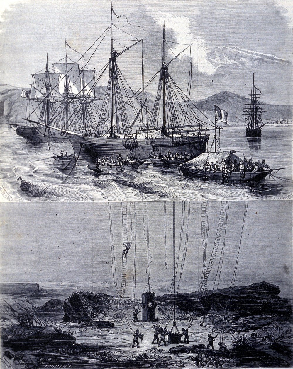 Suche nach spanischen Galeonenwracks in der Bucht von Vigo im Jahr 1702. 19. Jahrhundert von Unknown artist
