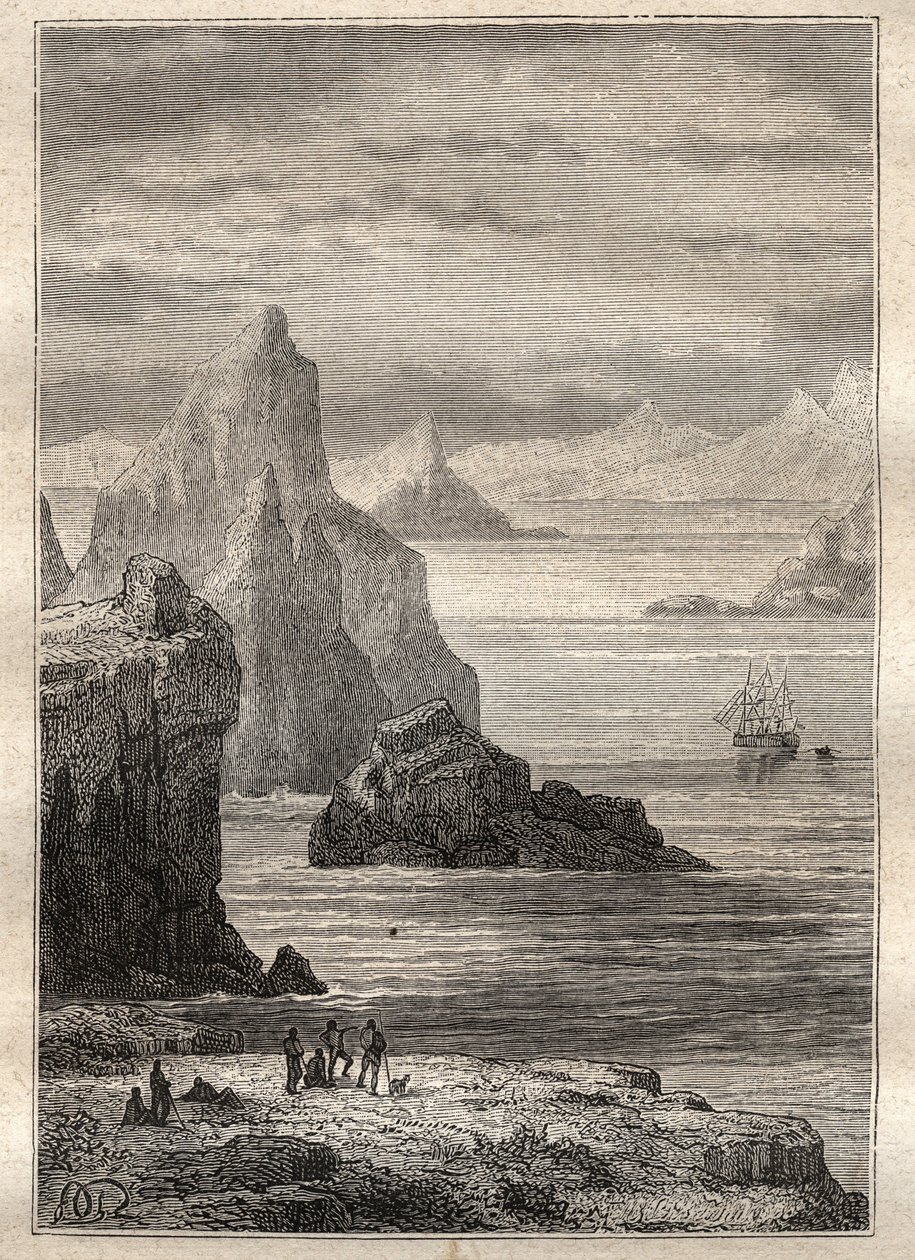 Zweite Reise (1772-1775) von Kapitän James Cook (1728-1779): Blick auf den Noel-Kanal, Feuerland - Illustration aus „Die großen Seefahrer des 18. Jahrhunderts“ von Unknown artist