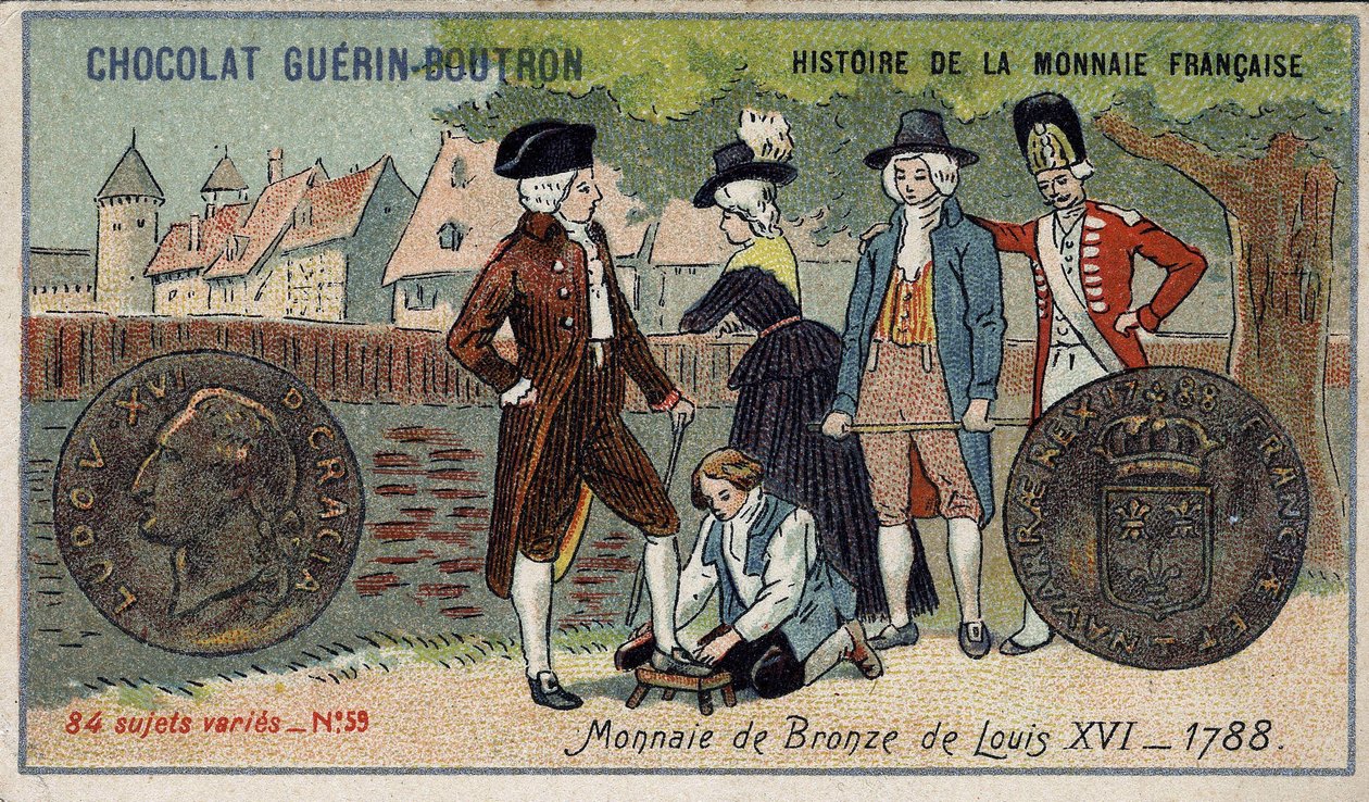Serie Histoire de la Monnaie Française veröffentlicht von Chocolat Guérin Boutron. Chromolithographie 19. Jahrhundert. Bronzemünze von Ludwig XVI. im Jahr 1788 von Unknown artist