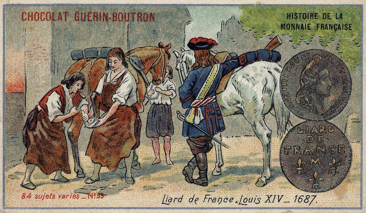Serie Histoire de la Monnaie Française, veröffentlicht von Chocolat Guérin Boutron. Chromolithographie des 19. Jahrhunderts. Liard aus Frankreich. Ludwig XIV. 1687 von Unknown artist