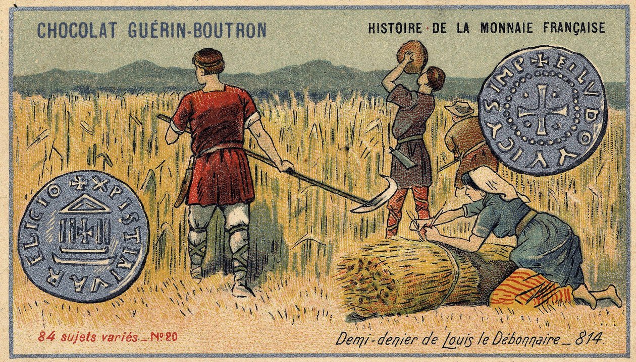 Serie Histoire de la Monnaie Française, veröffentlicht von Chocolat Guérin Boutron. Chromolithographie des 19. Jahrhunderts. Halber Denar von Ludwig dem Frommen im Jahr 814 von Unknown artist