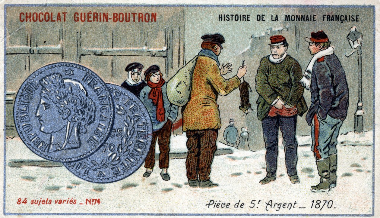 Serie Histoire de la Monnaie Française, veröffentlicht von Chocolat Guérin Boutron. Chromolithographie des 19. Jahrhunderts. 5-Franc-Silbermünze im Jahr 1870 von Unknown artist