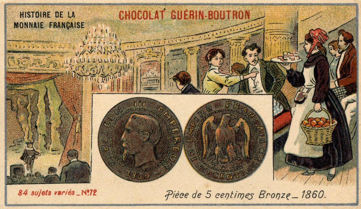 Serie Histoire de la Monnaie Française veröffentlicht von Chocolat Guérin Boutron. 5-Cent-Bronzemünze von 1860. Napoleon III. von Unknown artist