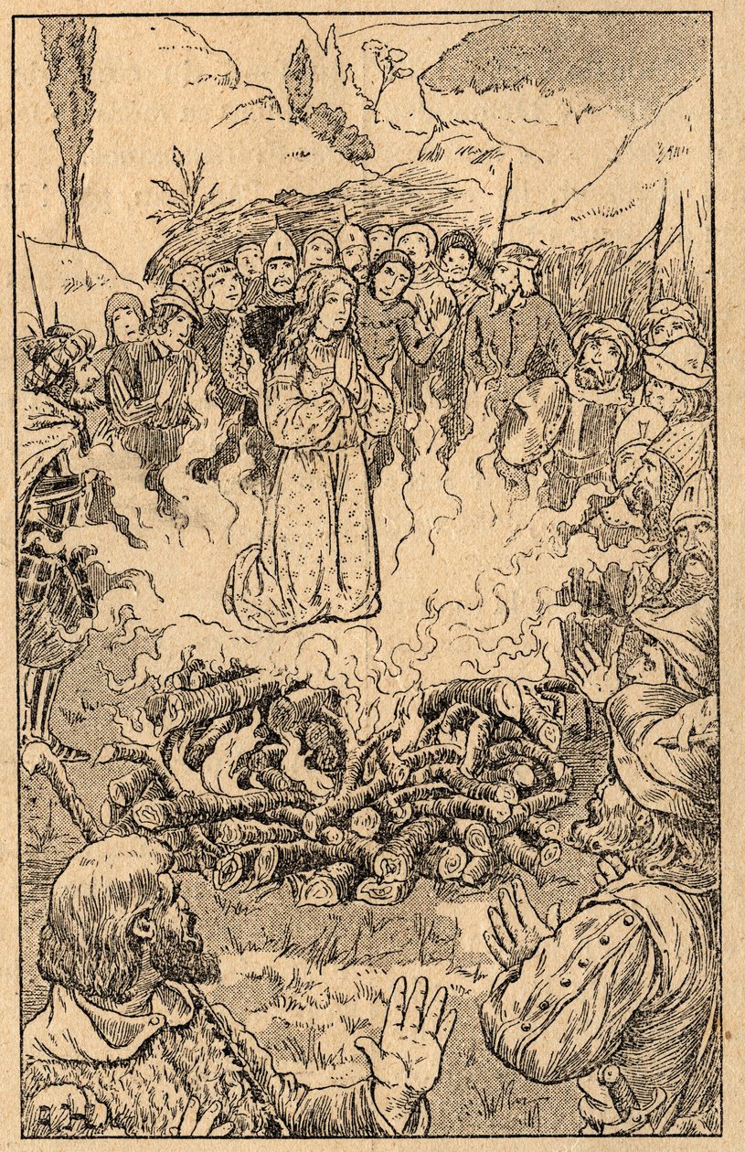 Sie bleibt inmitten der Flammen... Heilige Rosa von Viterbo (1233-1252). Gravur aus dem späten 19. Jahrhundert. Privatsammlung. von Unknown artist