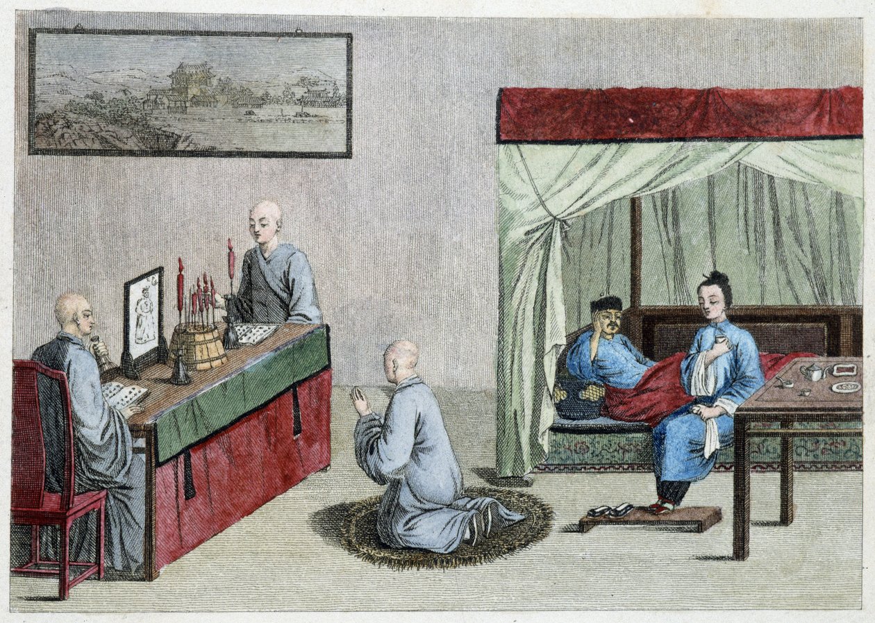 Kranker Mann im Bett und Gebet der Mönche - China von Unknown artist