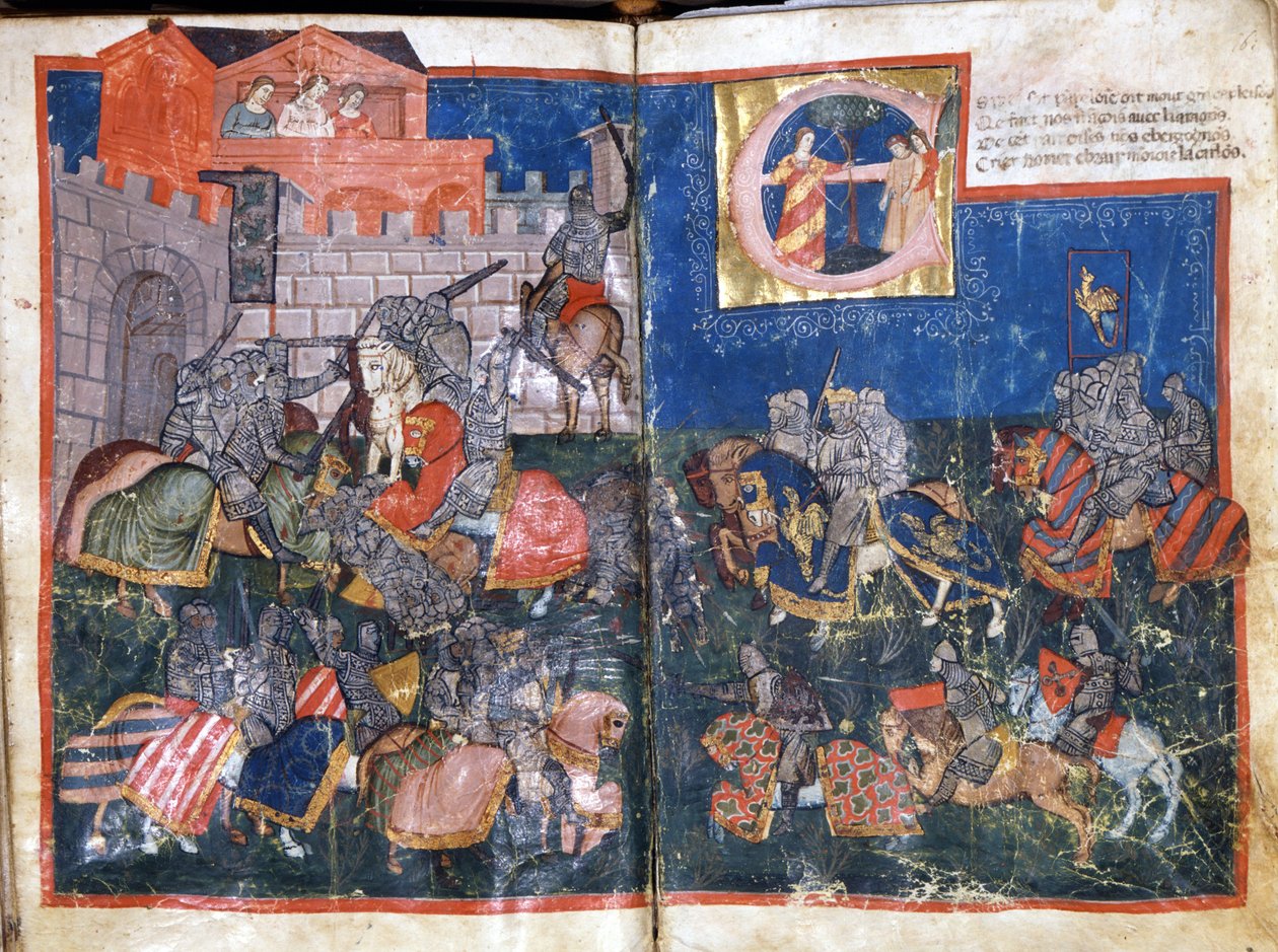 Belagerung von Pamplona in Spanien durch Karl den Großen. Miniatur aus „Entree of Spain“. 14. Jahrhundert, Venedig, Biblioteca Marciana. von Unknown artist