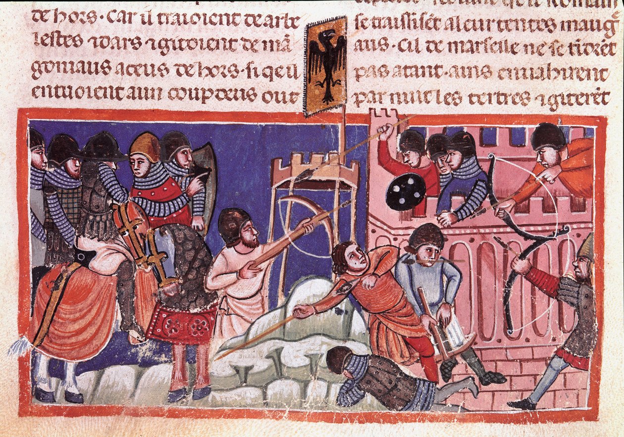 Belagerung einer befestigten Stadt. Miniatur aus einem Kodex über die Taten von Julius Caesar. 14. Jahrhundert, Venedig, Biblioteca Marciana von Unknown artist