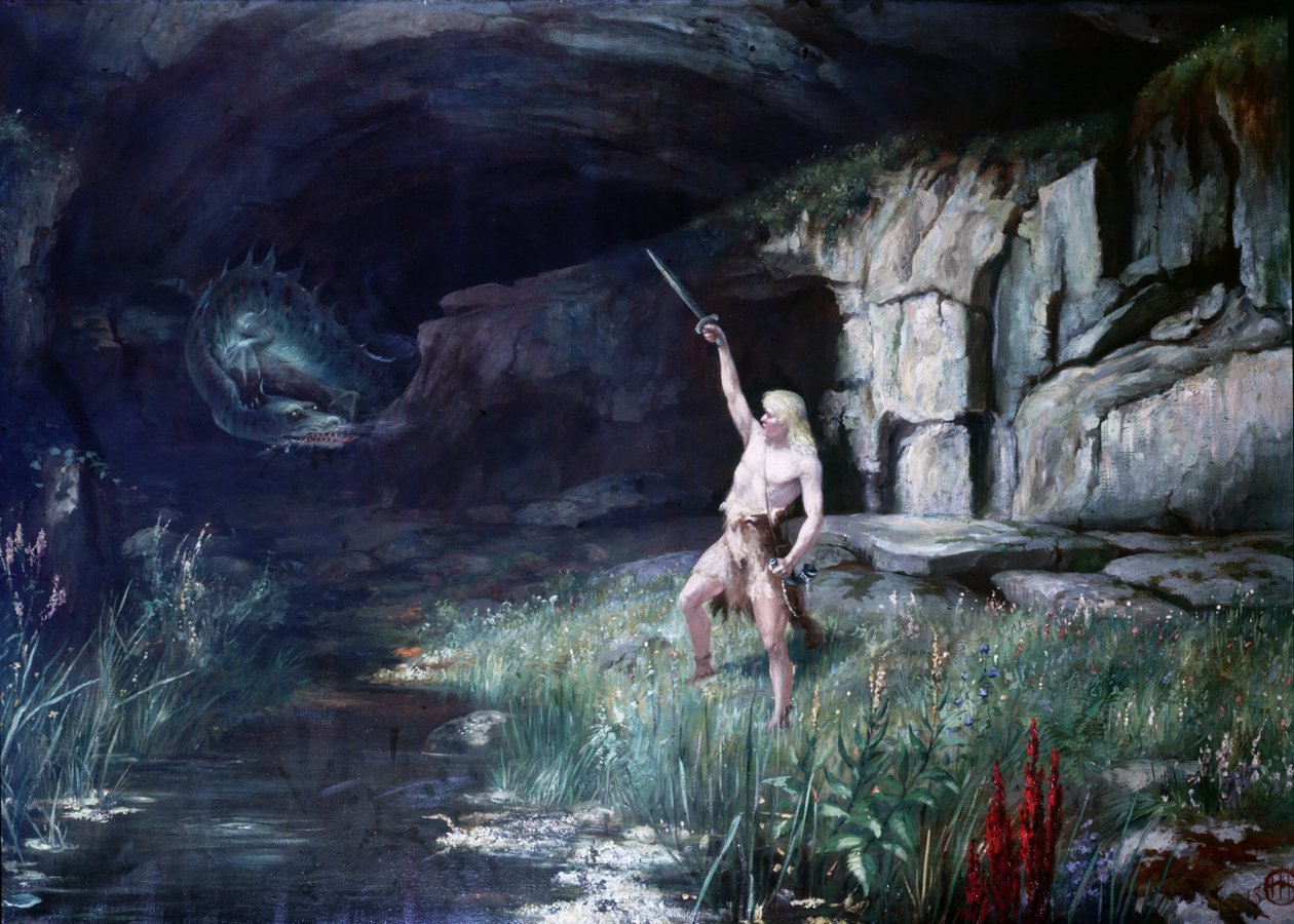 Siegfried, der dem Drachen Fafner gegenübersteht, schwingt sein Schwert. Szene aus der Oper „Der Ring des Nibelungen“ von Richard Wagner (1813 - 1883). Gemälde. von Unknown artist