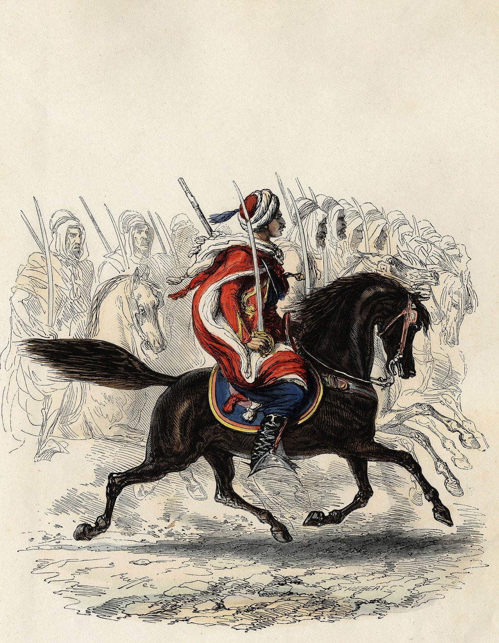 Spahis (indisches Kavalleriekorps der französischen Armee), hauptsächlich aus arabischen Reitern bestehend, ausgebildet für die Provinz Algier 1834, Oran 1836 und Bone 1835, in „L