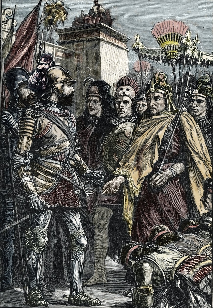 Spanische Eroberung Mexikos: Treffen zwischen Hernan Cortes und Montezuma II im Jahr 1519 von Unknown artist