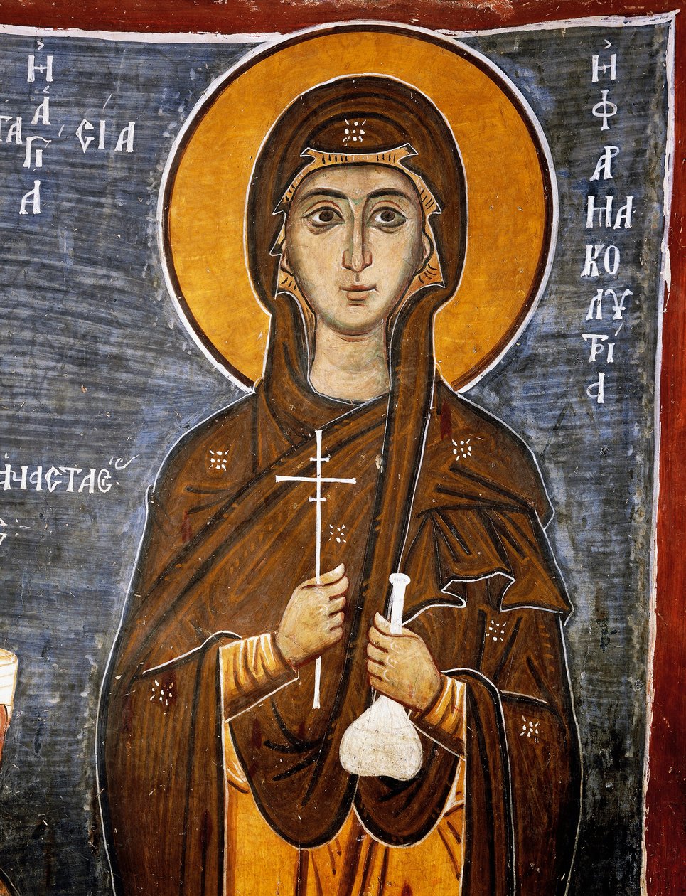 Die heilige Anastasia, Heilerin der Pferde mit Flasche Heilmittel und Kreuz, byzantinische Kirche Unserer Lieben Frau von Asinou (12. Jahrhundert) (Unesco-Welterbeliste, 2001), Troodos-Gebirge, Zypern, Detail von Unknown artist