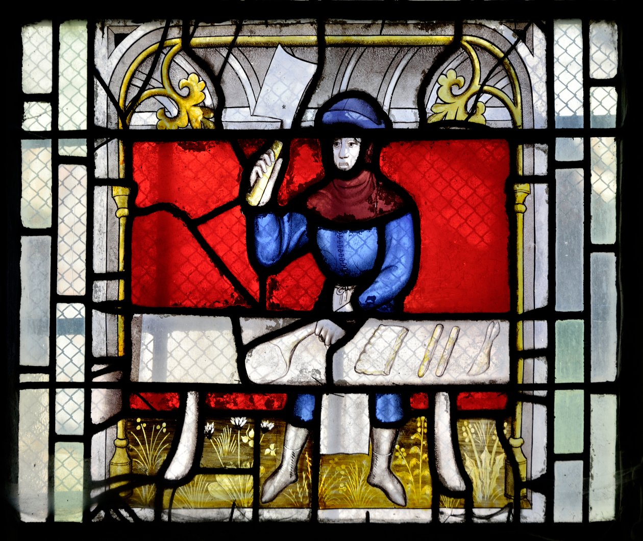 Buntglasfenster, das einen Metzger bei der Arbeit zeigt, Ende des 15. - Anfang des 16. Jahrhunderts - Chapelle Sainte Claude der Kirche Notre-Dame de Semur-en-Auxois, Burgund von Unknown artist