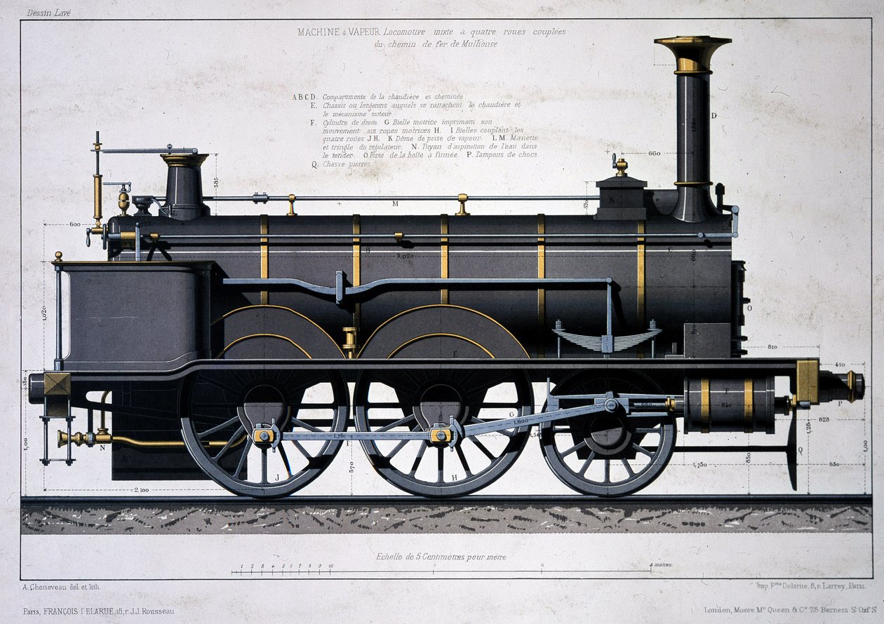 Dampflokomotive der Mulhouse-Eisenbahn - Zeichnung in der Wäsche von Unknown artist