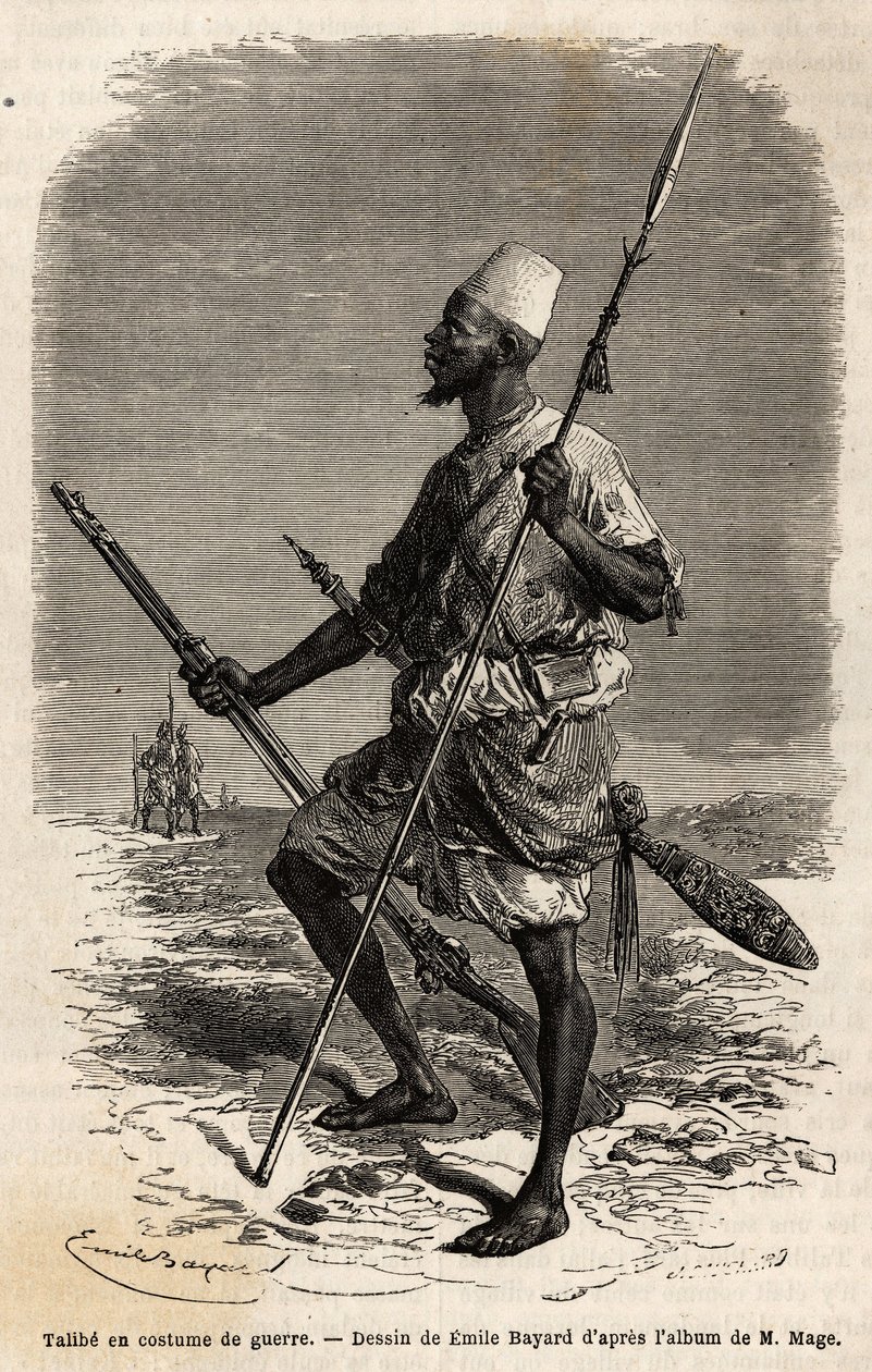 Talibe (ein junger Schüler, der den Koran studiert) aus der Armee von König Ahmadu (Toucouleur), in einem Kriegskostüm. Gravur zur Illustration der Reise in den westlichen Sudan von Leutnant (Marine) M. Mage, 1863-1866, veröffentlicht in „Le tour du monde, von Unknown artist
