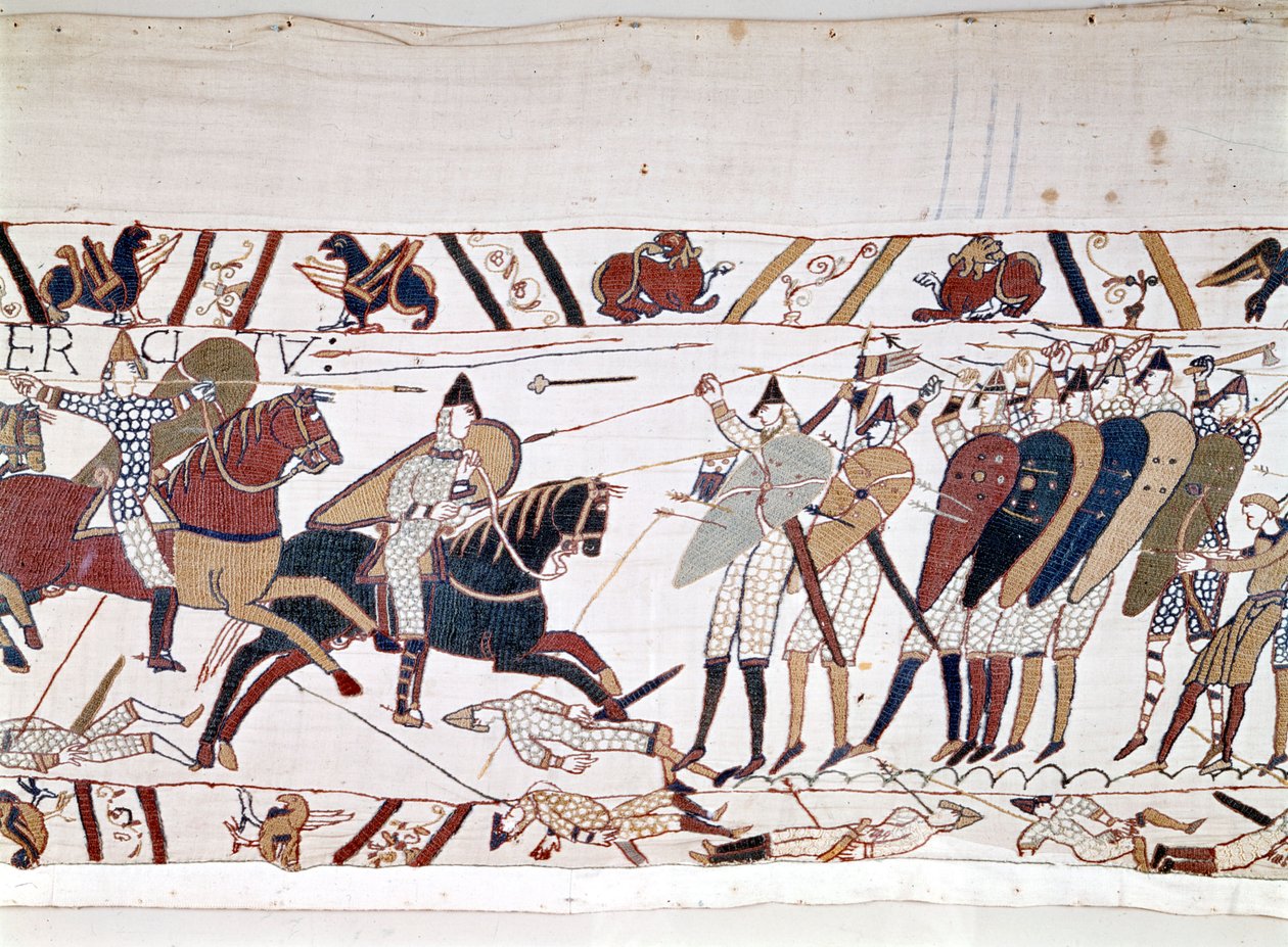 Die Schlacht von Hastings, gewonnen von Wilhelm I. dem Eroberer (1027 - 1087) am 14.10.1066, bei der König Harold II. von England (1022 - 1066) starb. Teppich von Bayeux, bekannt als Stickerei der Königin Mathilde von Unknown artist