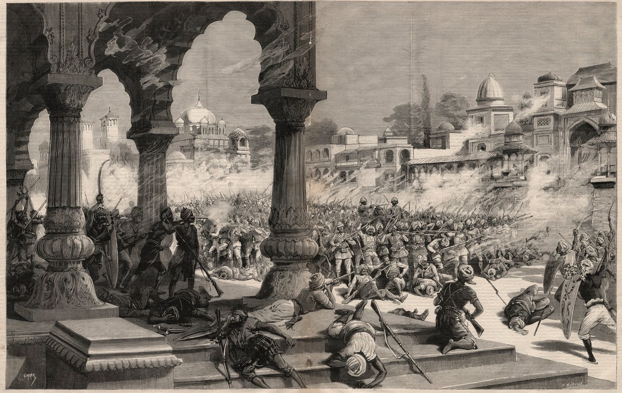 Die Schlacht von Manipur - Britisch-indische Aufstände - Massaker an einer Kolonne von etwa 500 englischen Soldaten, gerufen vom Maharadscha, dessen Untertanen in Manipur (Gebiet an den Grenzen von Assam und Burma) in Indien revoltierten von Unknown artist