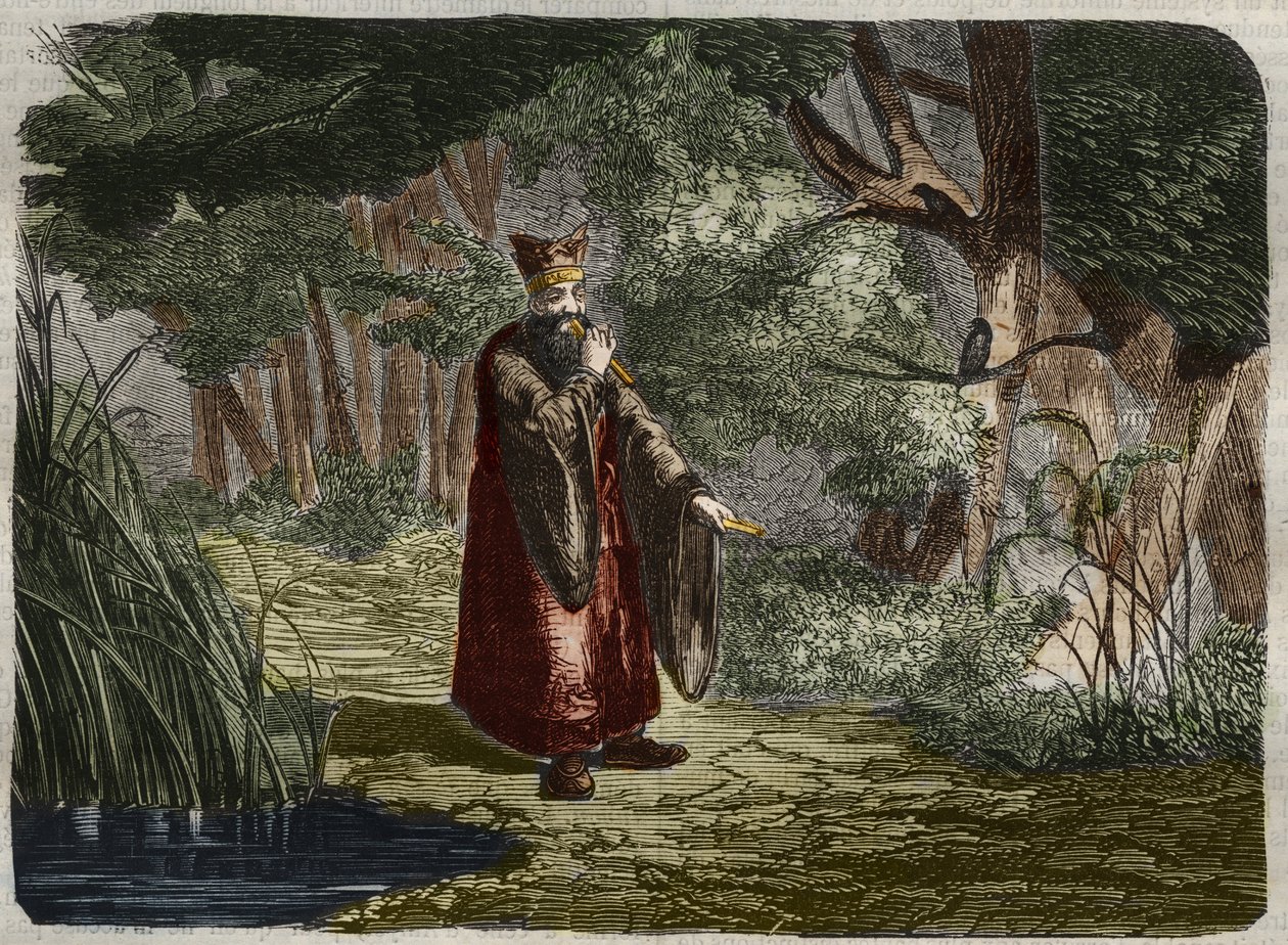 Der Chinese Ling Mon (Ling-lun) entdeckt die Stimmung, indem er in den Stiel eines Bambus bläst. 27. Jahrhundert v. Chr. Gravur von 1859 im „Le Musée Des Sciences“ von Unknown artist