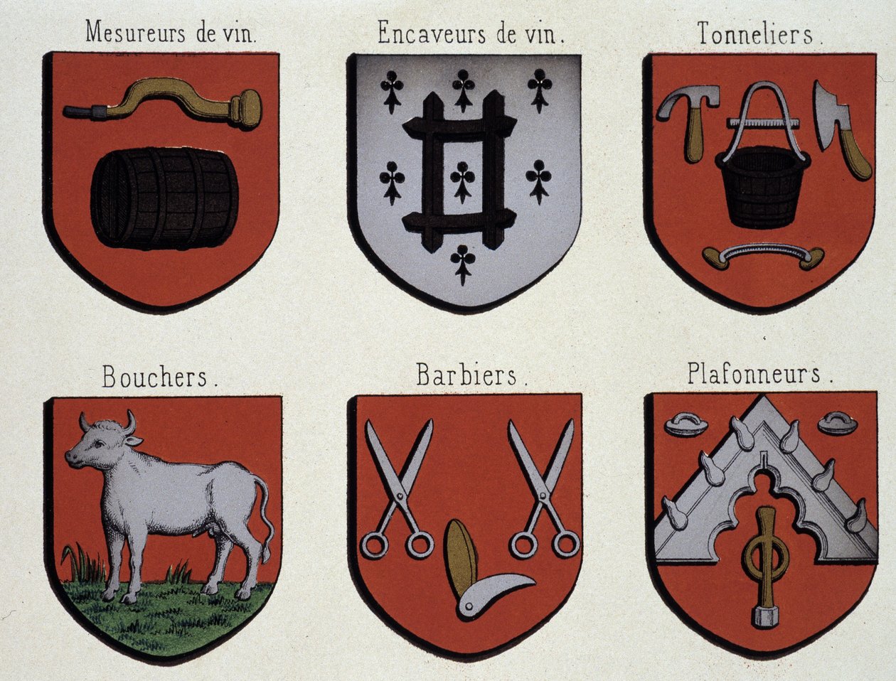 Die Wappen von Gent (Beispiel von Wappen des Mittelalters): Weinmesser, Weinkeller, Küfer, Metzger, Friseure, Deckenmacher von Unknown artist