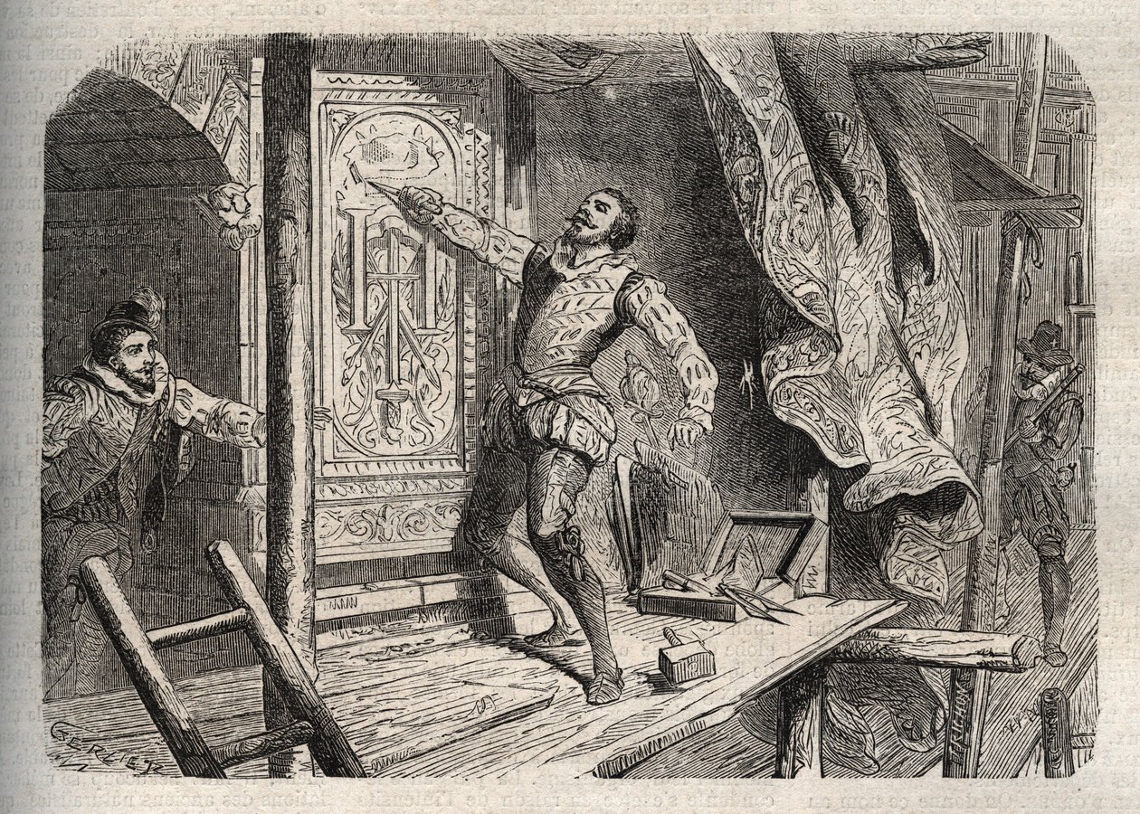 Der Tod von Jean Goujon (1510-1562 oder 1569), gestorben laut Legende 1572 während der Bartholomäusnacht - Gravur in „Dictionnaire populaire illustré“ - 1864 - von Joseph Decembre und Edmond Allonier von Unknown artist