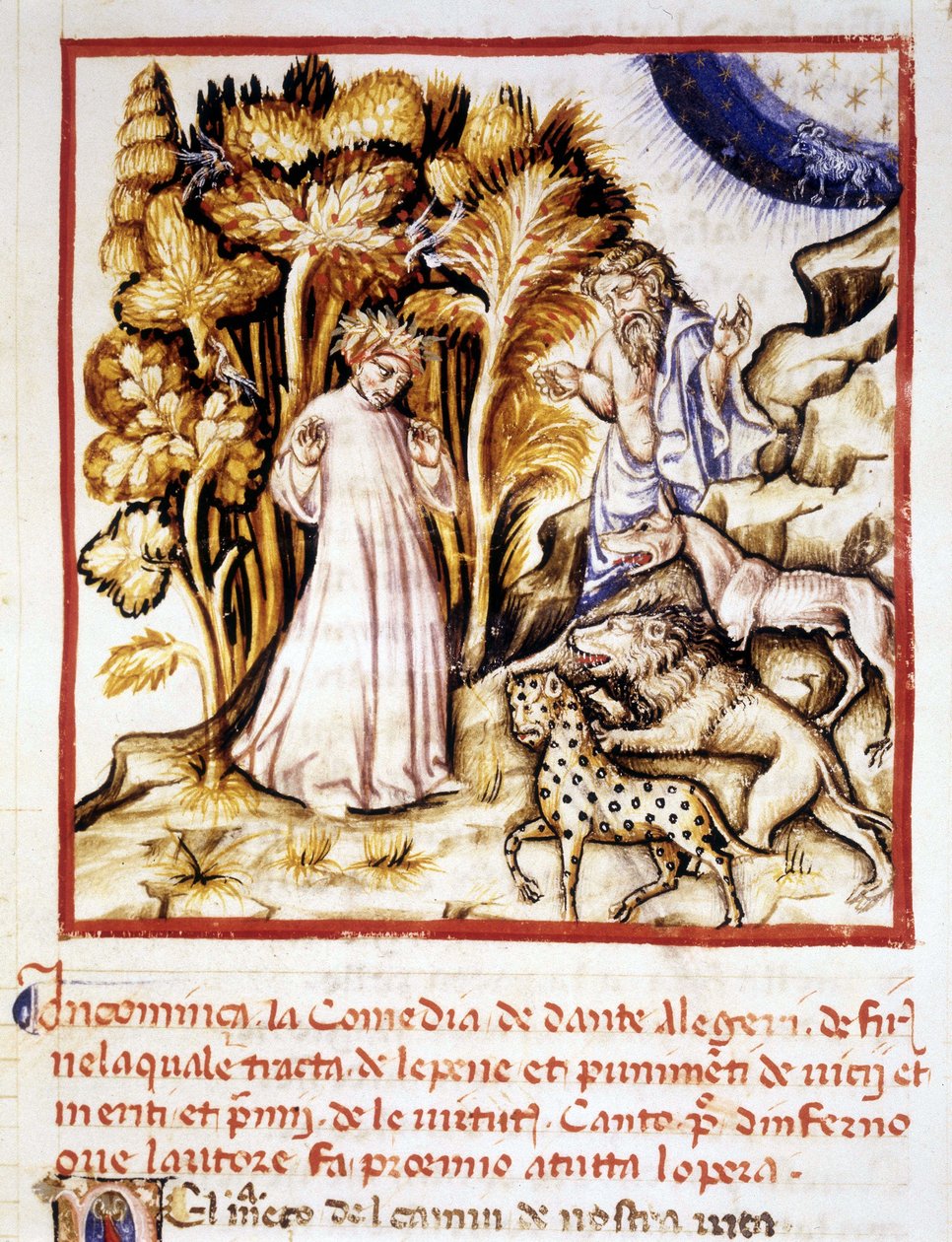 Die Göttliche Komödie von Dante Alighieri. Miniatur, die Dante, Virgil und die drei Bestien darstellt. Manuskript aus dem 14. Jahrhundert. Municipal Bibl. von Rimini von Unknown artist