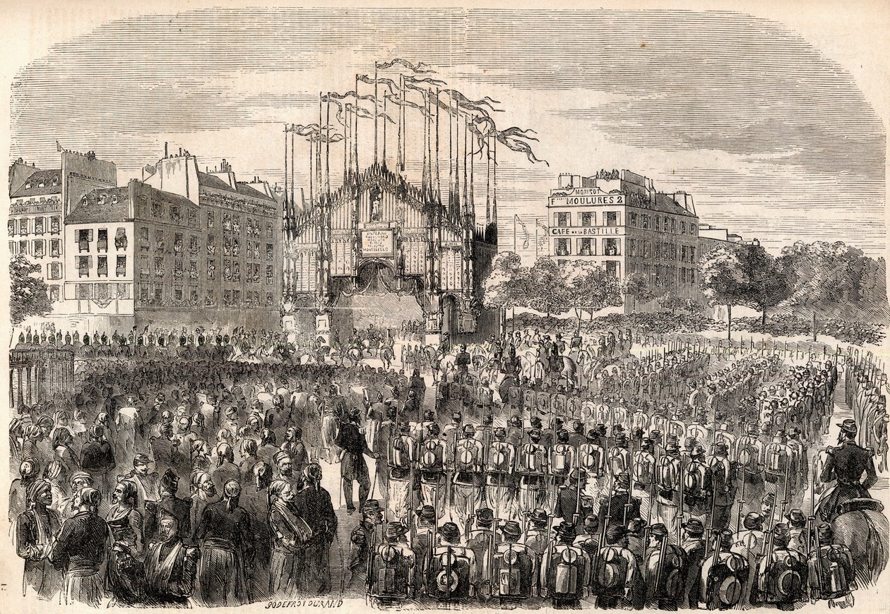 Die Feste in Paris, Einzug der italienischen Armee in Paris, Triumphbogen an der Place de la Bastille, Darstellung der Front des Mailänder Doms - Rückkehr der Truppen nach dem Risorgimento, Paris. von Unknown artist