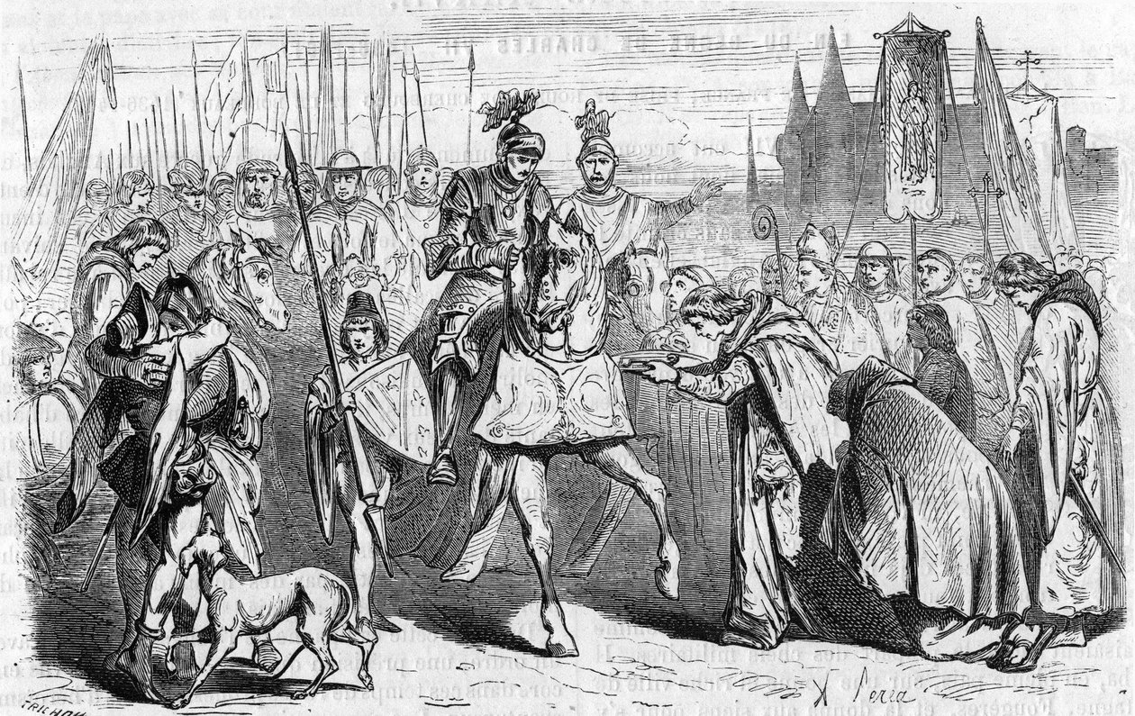 Die Franzosen zogen am 23. Juni 1451 unter Karl VII. nach Bordeaux, das Ende der Rückeroberung gegen die Engländer. Gravur des 19. Jahrhunderts von Unknown artist