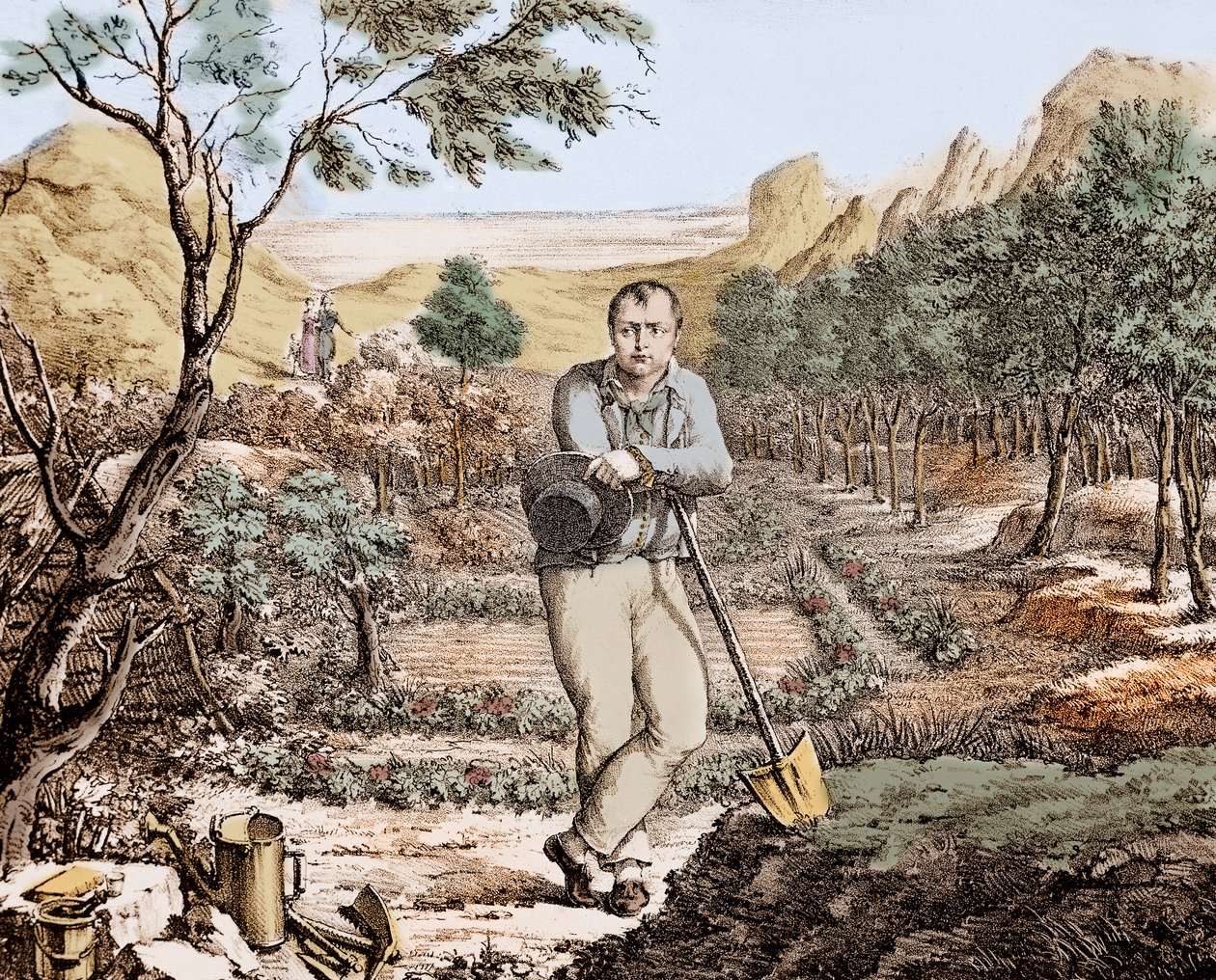 Der Gärtner von St. Helena - Napoleon im Exil auf St. Helena, Gravur von Unknown artist
