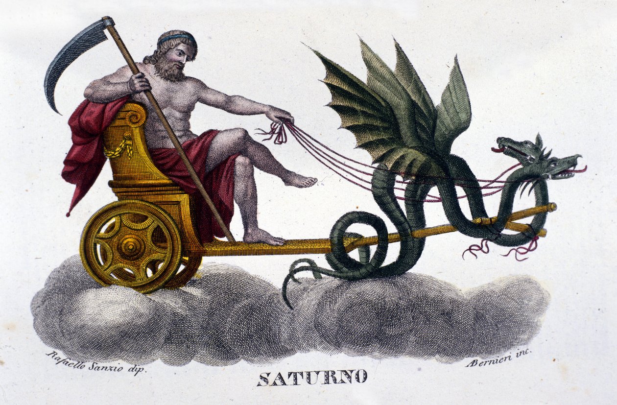 Der Gott Saturn (oder Kronos) auf einem von zwei Drachen gezogenen Wagen. Nach einer Illustration von Raffaello Sanzio. Gravur des 19. Jahrhunderts von Unknown artist