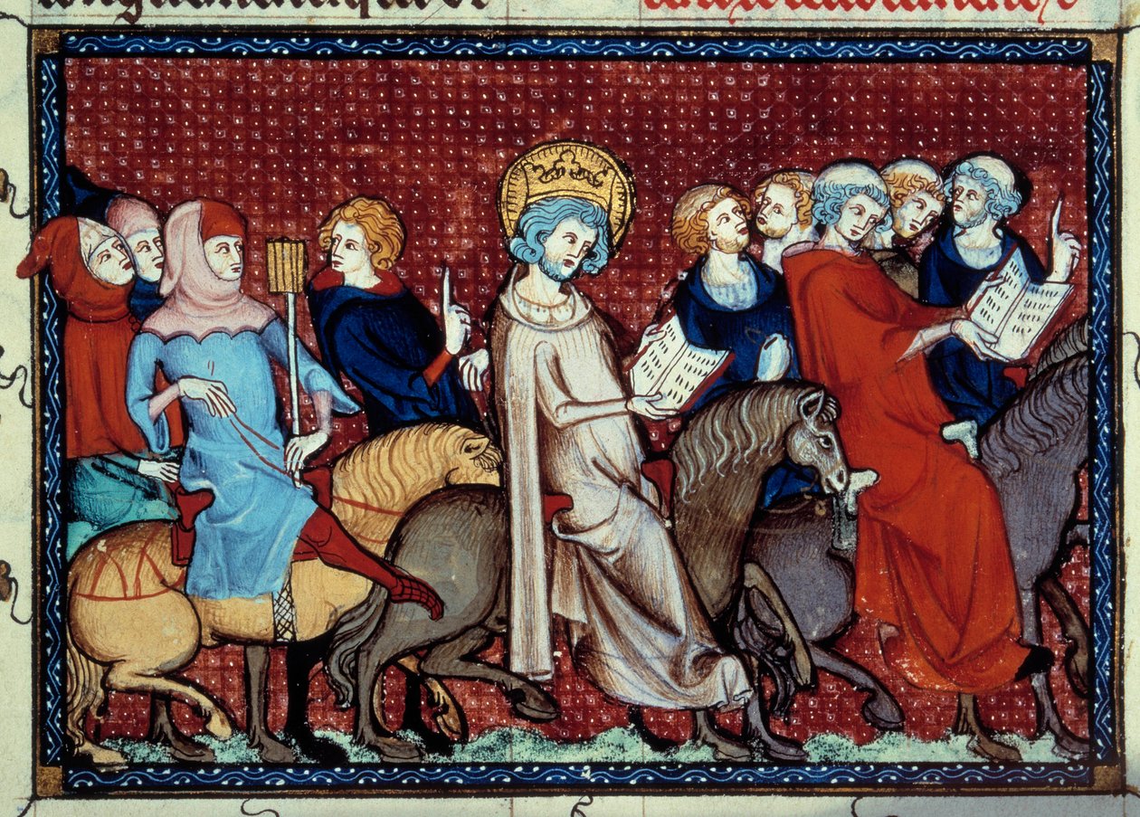 Der König von Frankreich Ludwig IX. (Saint Louis) (1214-1270) erzählt seinen Miniaturkaplänen seine Stunden. Miniatur aus einem Manuskript „Leben und Wunder des heiligen Louis“ von Wilhelm von Saint Pathus von Unknown artist