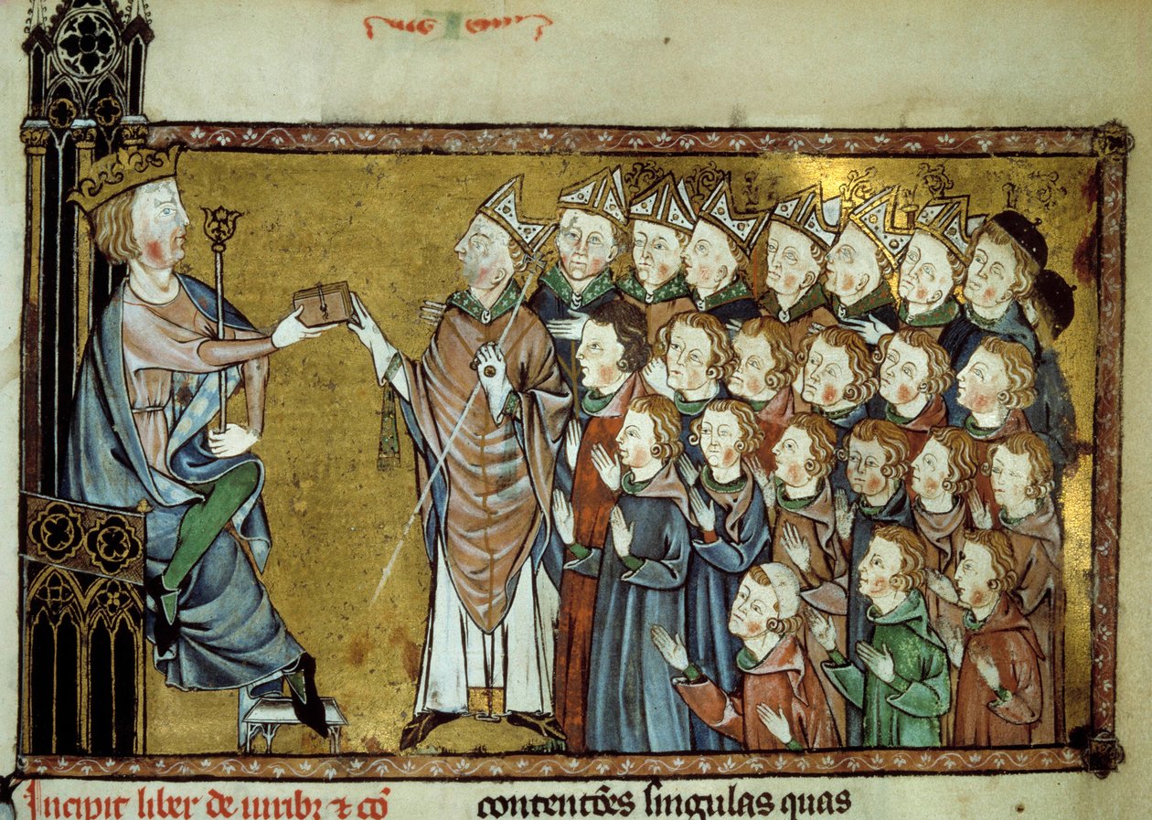 Der König von Frankreich Louis X der Hutin (1289-1316) übergab die Charta an die Normannen am 19/03/1315, die größere Unabhängigkeit und weniger Steuern für das Herzogtum Normandie vorsah. Miniatur aus einem Manuskript des 14. Jahrhunderts von Unknown artist