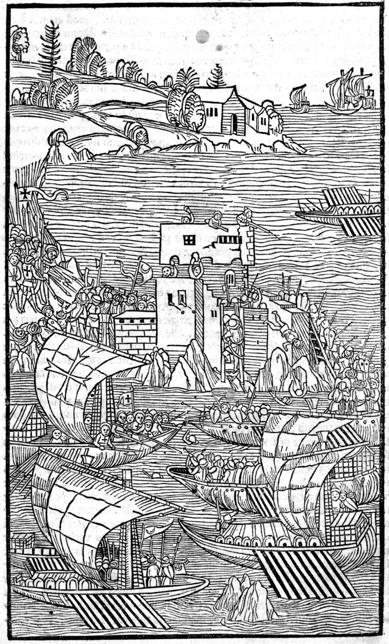 Die Ritter von Rhodos (der Orden der Hospitaliter des Heiligen Johannes von Jerusalem) greifen Rhode Island an in „Rhodiorum Historia“ von Guilelmus Caorsin, Ulm, Joh. Reger 24. Oktober von Unknown artist