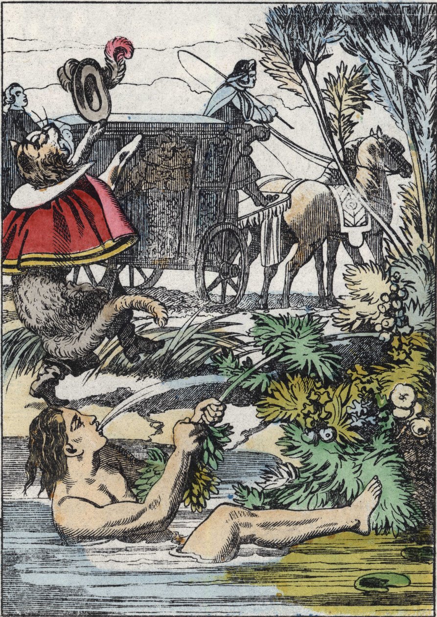 Der Marquis de Carabas täuscht vor, zu ertrinken, während der gestiefelte Kater um Hilfe ruft. Illustration aus Charles Perraults Märchen „Der gestiefelte Kater“ von Unknown artist