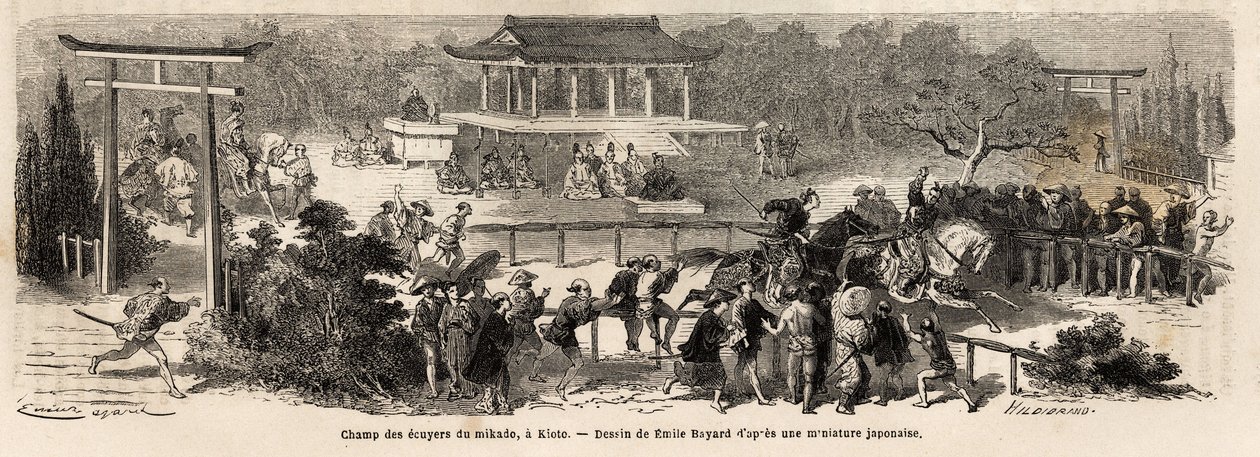 Der Mikado (Kaiser von Japan) Knappe Feld in Kioto (oder Kyoto), Trainings- und Übungsstrecke für kaiserliche Pferde. Gravur zur Illustration der Reise nach Japan, 1863-1864, von Aimé Humbert, Minister der Schweizerischen Eidgenossenschaft, in „Le tour du  von Unknown artist