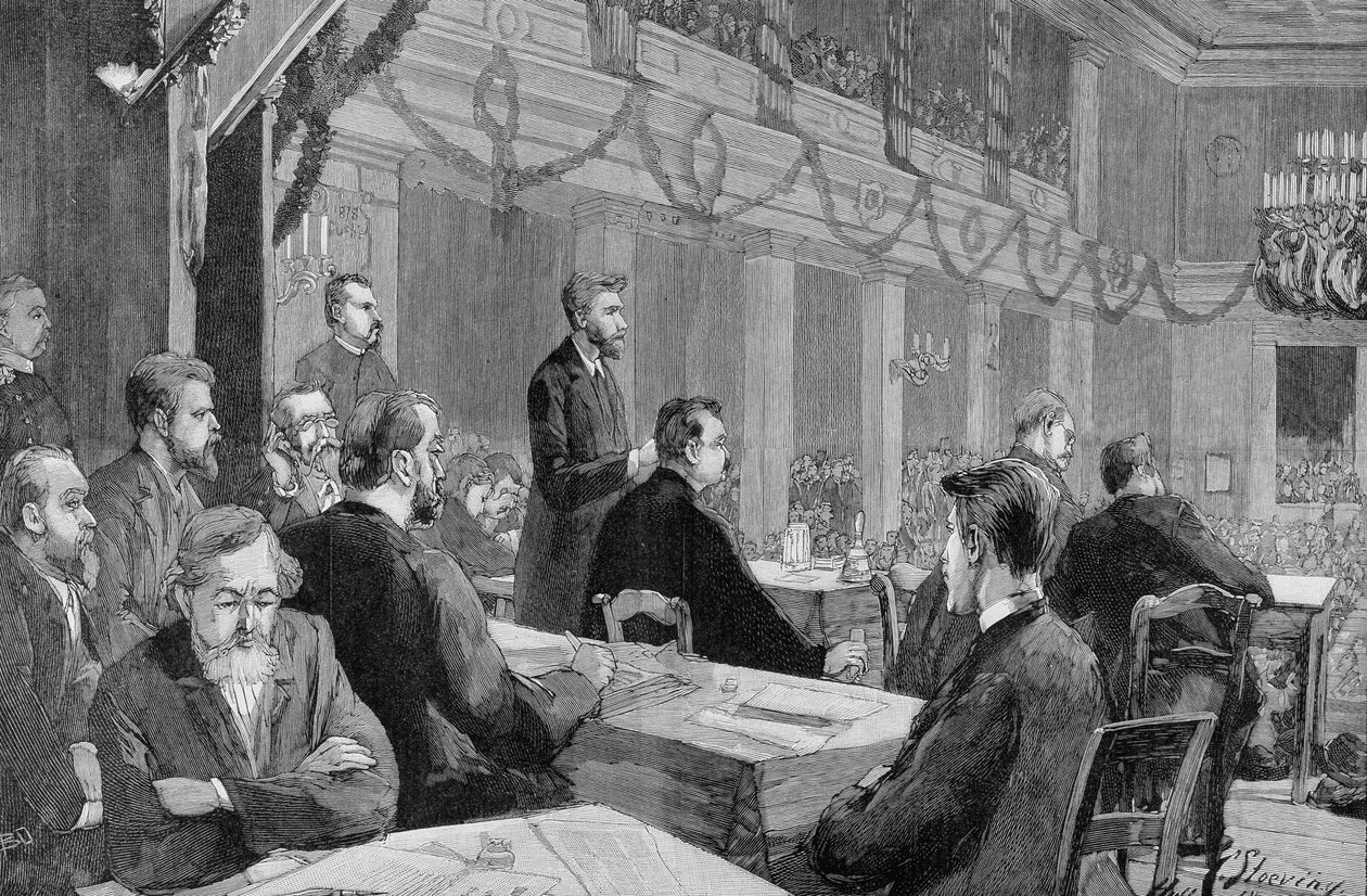 Der Sozialistische Kongress von Halle (Sachsen) im Jahr 1890 in Anwesenheit von August Bebel, Gravur von 1890. von Unknown artist