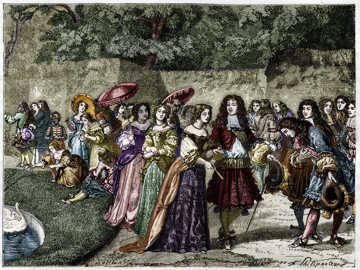 Der Sonnenkönig (Ludwig XIV. in den Gärten von Versailles umgeben von seinem Hof). Gravur des 19. Jahrhunderts. von Unknown artist