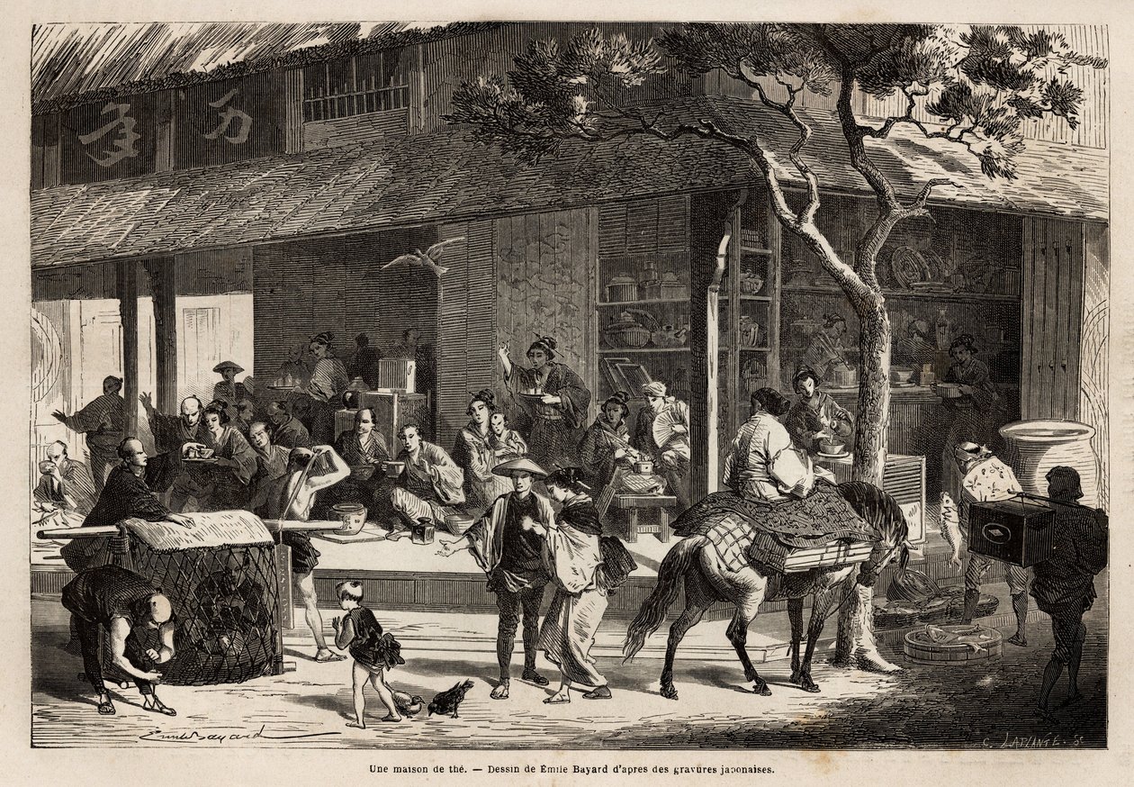 Die Animation eines Hauses und die Aktivitäten der Straße. Gravur zur Illustration der Reise nach Japan, 1863-1864, von Aime Humbert, Minister der Schweizerischen Eidgenossenschaft, in „Le tour du monde, nouveau journal des voyages“ von Unknown artist