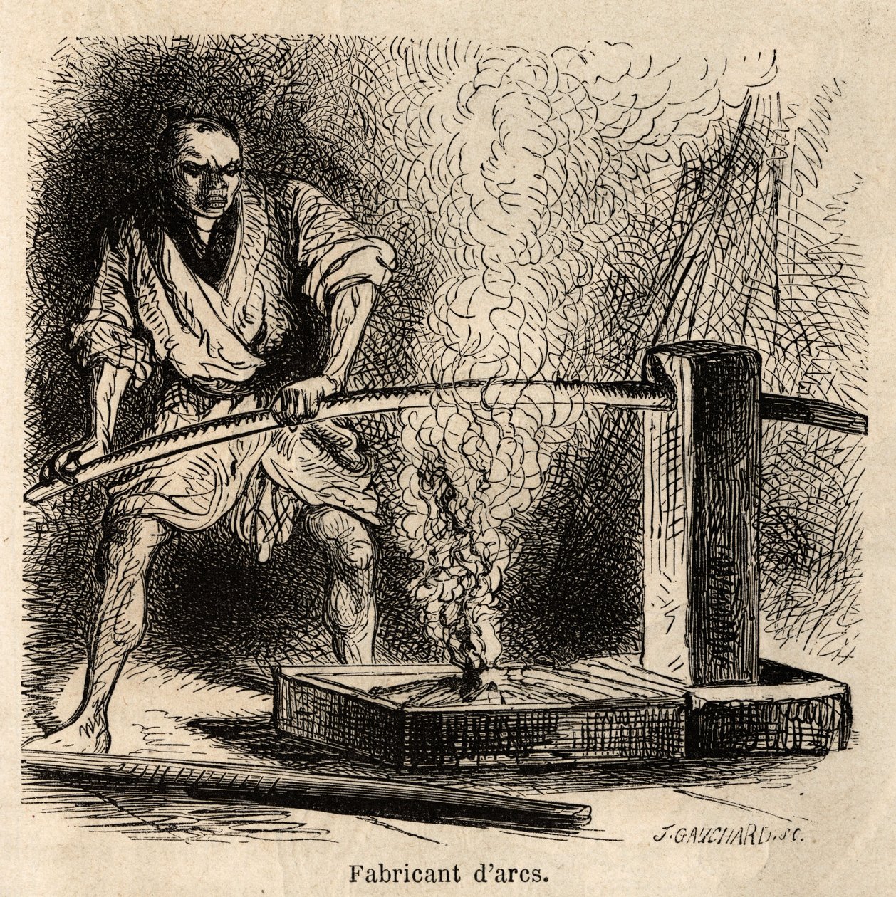 Der Bogenhersteller in seiner Werkstatt, setzt das Holz der Flamme eines Spänefeuers aus, um ihnen die notwendige Krümmung zu geben. Gravur zur Illustration der Reise nach Japan, von Aime Humbert, Minister der Schweizerischen Eidgenossenschaft, 1863-1864,  von Unknown artist